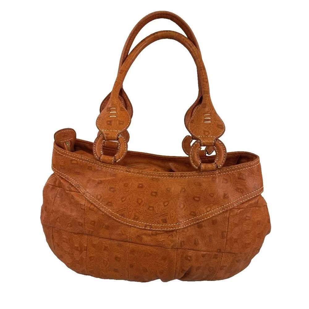 David And Scotti Handbag Double Shoulder Straps Orange Leather Printed Medium